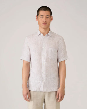 SHORT SLEEVE LINEN SHIRT / WHITE/DARK CHOCOLATE