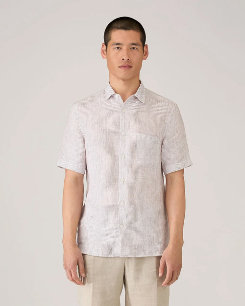 SHORT SLEEVE LINEN SHIRT / WHITE/DARK CHOCOLATE
