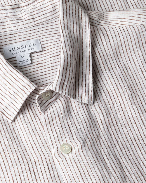 SHORT SLEEVE LINEN SHIRT / WHITE/DARK CHOCOLATE