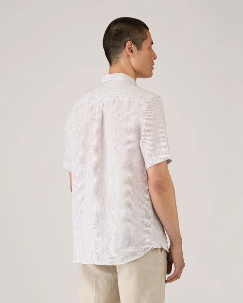 SHORT SLEEVE LINEN SHIRT / WHITE/DARK CHOCOLATE