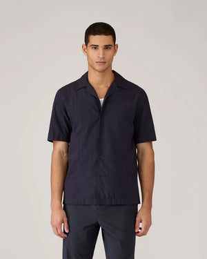TEXTURED STRIPE CAMP COLLAR SHIRT / NAVY