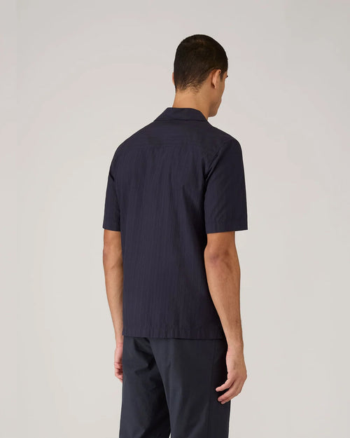TEXTURED STRIPE CAMP COLLAR SHIRT / NAVY