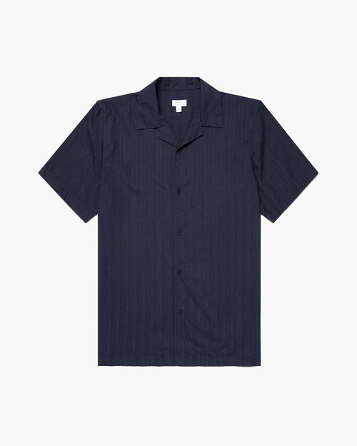 TEXTURED STRIPE CAMP COLLAR SHIRT / NAVY