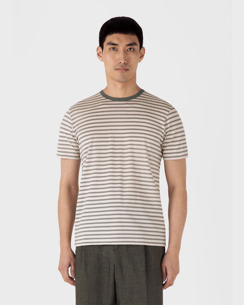 CLASSIC CREW NECK T-SHIRT / UNDYED/DUSK GREEN VINTAGE STRIPE