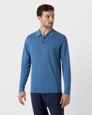 LONG SLEEVE SEA ISLAND COTTON POLO SHIRT / BLUE STONE