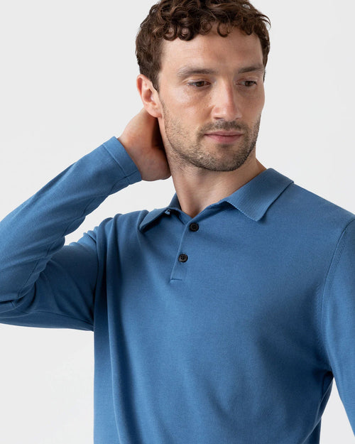 LONG SLEEVE SEA ISLAND COTTON POLO SHIRT / BLUE STONE