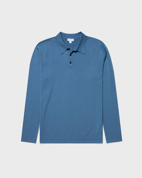 LONG SLEEVE SEA ISLAND COTTON POLO SHIRT / BLUE STONE