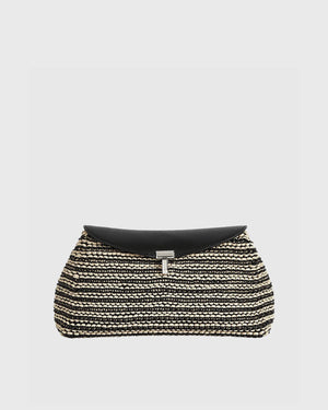 T-LOCK WOVEN-LEATHER CLUTCH / BLACK/SAND