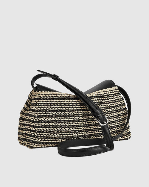T-LOCK WOVEN-LEATHER CLUTCH / BLACK/SAND