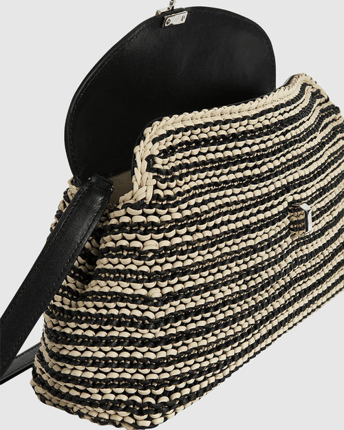 T-LOCK WOVEN-LEATHER CLUTCH / BLACK/SAND
