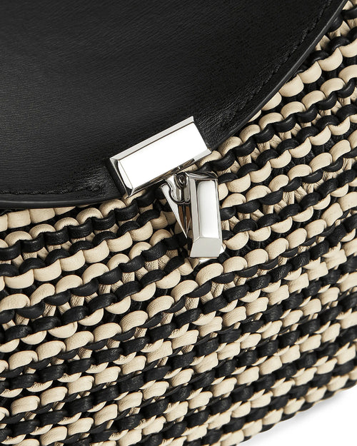 T-LOCK WOVEN-LEATHER CLUTCH / BLACK/SAND