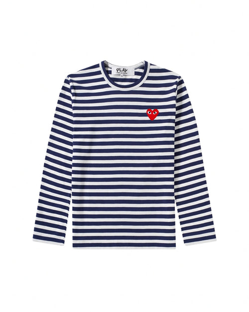 T010 UNISEX RED HEART LS T-SHIRT / DARK NAVY WHITE STRIPE