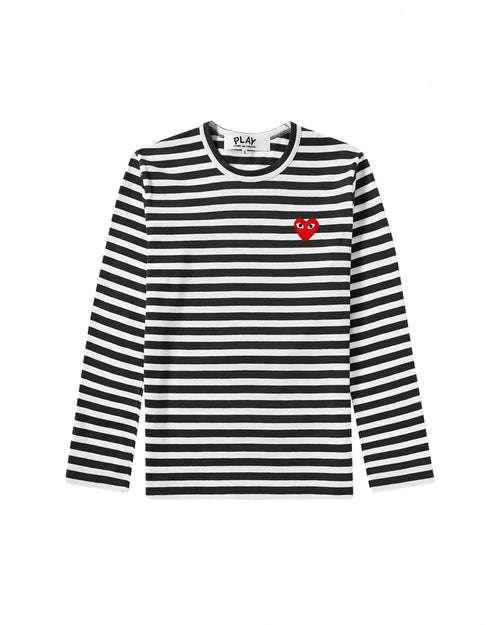 T164 UNISEX RED HEART L/S T-SHIRT / BLACK STRIPE
