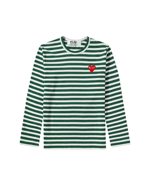 T164 UNISEX RED HEART L/S T-SHIRT / GREEN STRIPE