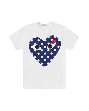 T234 UNISEX BLUE POLKA DOT BIG HEART T-SHIRT / WHITE