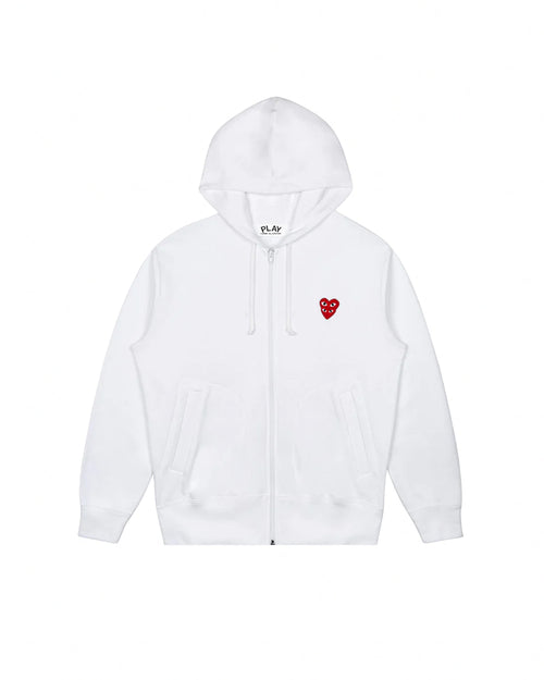 T294 RED DOUBLE HEART ZIP UP HOODED SWEATSHIRT / WHITE