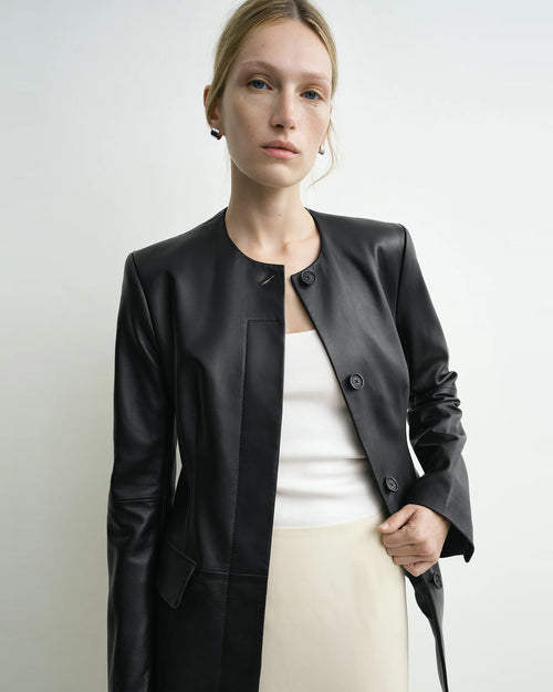 COLLARLESS LEATHER JACKET / BLACK