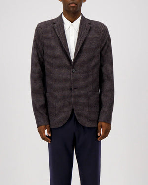 TRAVEL BLAZER IN PATTERNED MOLESKIN / BROWN & BLUE HOUNDSTOOTH