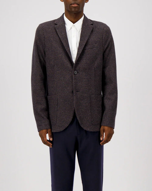 TRAVEL BLAZER IN PATTERNED MOLESKIN / BROWN & BLUE HOUNDSTOOTH