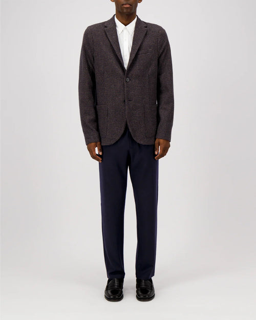 TRAVEL BLAZER IN PATTERNED MOLESKIN / BROWN & BLUE HOUNDSTOOTH