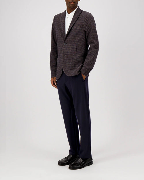 TRAVEL BLAZER IN PATTERNED MOLESKIN / BROWN & BLUE HOUNDSTOOTH
