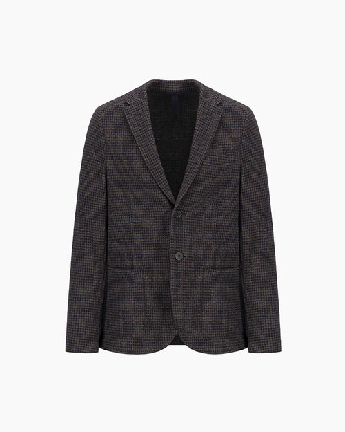 TRAVEL BLAZER IN PATTERNED MOLESKIN / BROWN & BLUE HOUNDSTOOTH