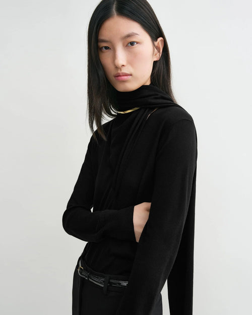 DRAPED FINE KNIT SCARF TOP / BLACK