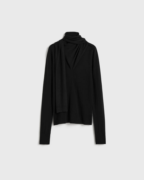 DRAPED FINE KNIT SCARF TOP / BLACK