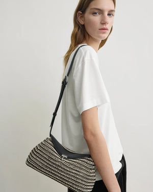 T-LOCK WOVEN-LEATHER CLUTCH / BLACK/SAND