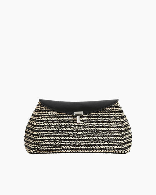 T-LOCK WOVEN-LEATHER CLUTCH / BLACK/SAND