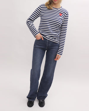 T010 UNISEX RED HEART LS T-SHIRT / DARK NAVY WHITE STRIPE