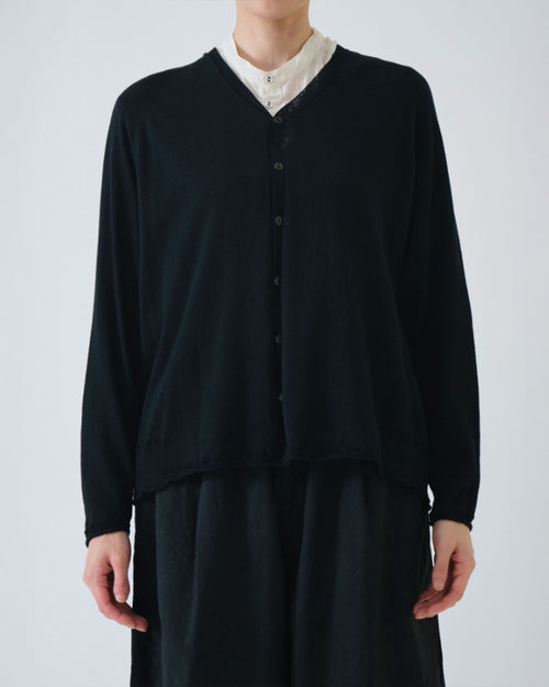 WASHABLE COTTON LINEN V NECK CARDIGAN / BLACK
