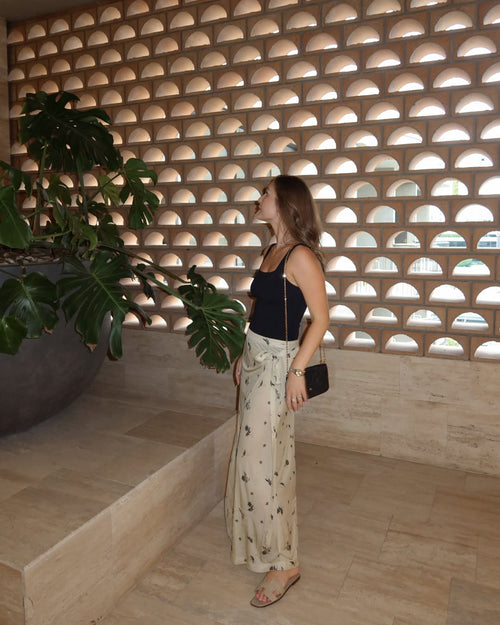 FLORAL FLUID JERSEY SKIRT / BEIGE/BLACK