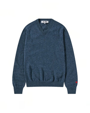 N090 UNISEX SMALL RED HEART V-NECK SWEATER / NAVY
