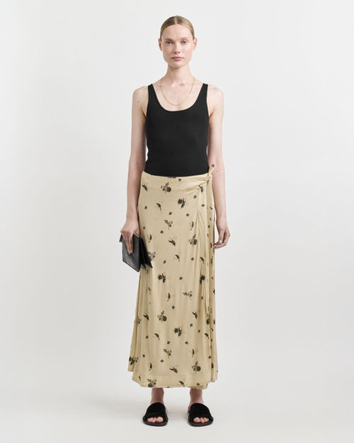 FLORAL FLUID JERSEY SKIRT / BEIGE/BLACK