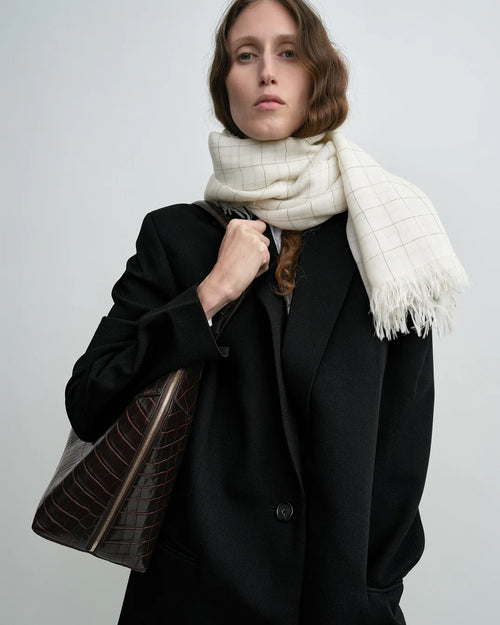 CHECKED LIGHT WOOL SCARF / ECRU/BLACK