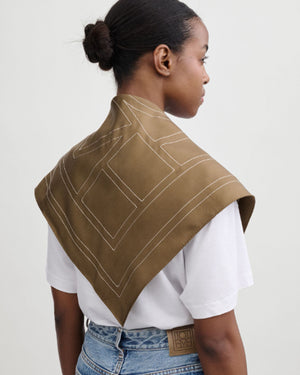 EMBROIDERED MONOGRAM SILK SCARF / MOCHA
