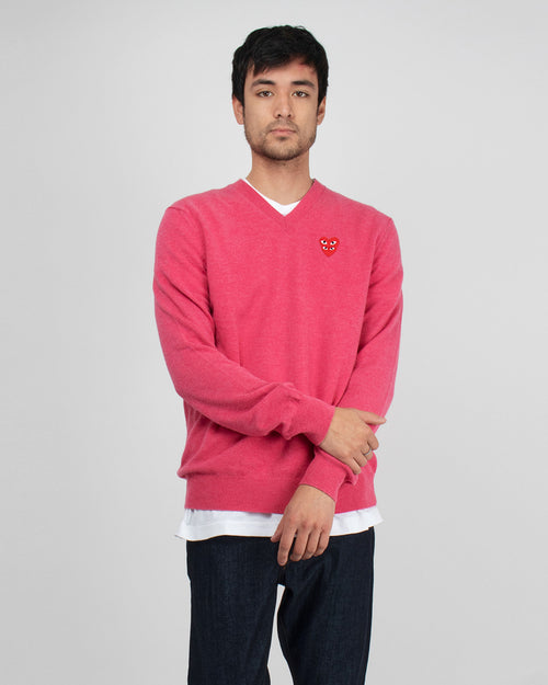 N074 DOUBLE RED  HEART V-NECK SWEATER / PINK