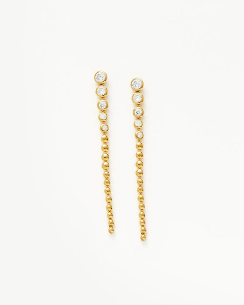 ARTICULATED BEADED STONE LONG DROP STUD EARRINGS / GOLD